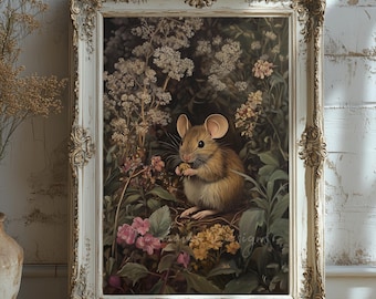 Vintage Woodland Mouse Print | Dark Cottagecore Art | Botanical Animal Wall Decor | Rustic Nature Digital Download | Moody Aesthetic