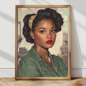 Black Rosie the Riveter Art | 1940s Vintage Wall Art | Vintage Red Lipstick Print | WWII Women’s History Poster | Vintage Wartime Decor