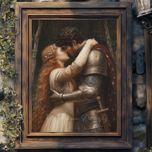Medieval fantasy artwork depicting a tender kiss between a knight in armor and a red-haired maiden in a flowing gown. They stand in a forest, bathed in warm light. A passionate, fairytale-inspired print perfect for romantic or historical fantasy decor.