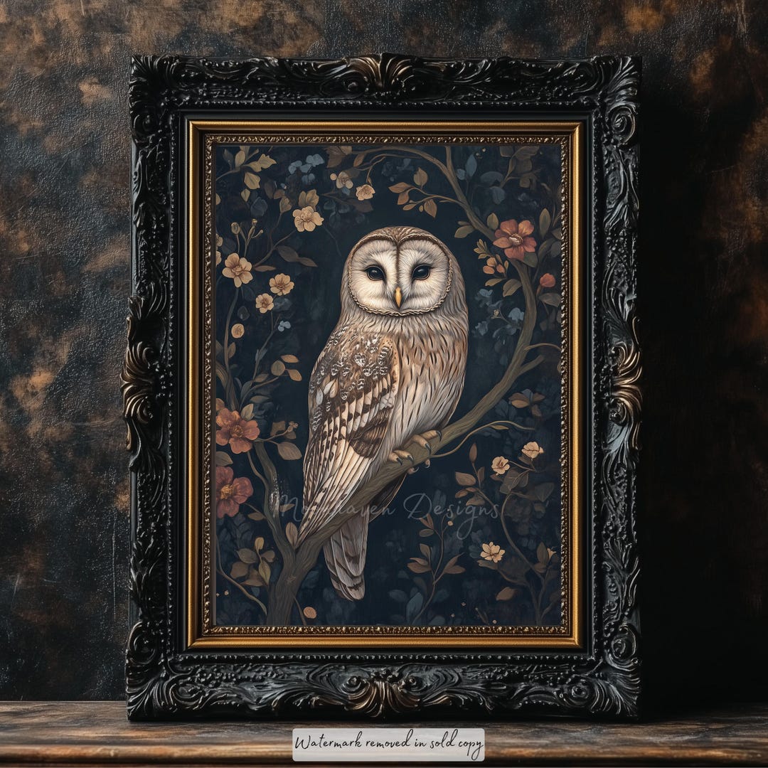 Dark Botanical Owl Print | Vintage Owl Art | Gothic Nature Wall Decor ...