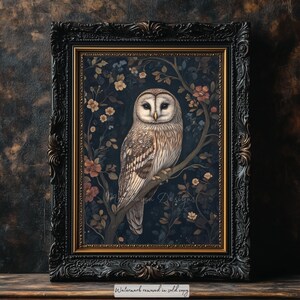 Dark Botanical Owl Print | Vintage Owl Art | Gothic Nature Wall Decor | Woodland Bird Digital Download | Dark Academia Aesthetic
