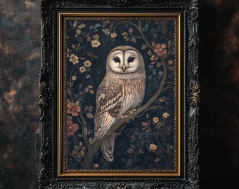 Dark Botanical Owl Print | Vintage Owl Art | Gothic Nature Wall Decor | Woodland Bird Digital Download | Dark Academia Aesthetic