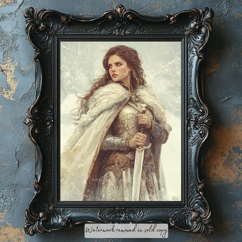 May include: A woman in a white cloak and silver armor holds a sword. She has long brown hair and is standing in a snowy landscape.
