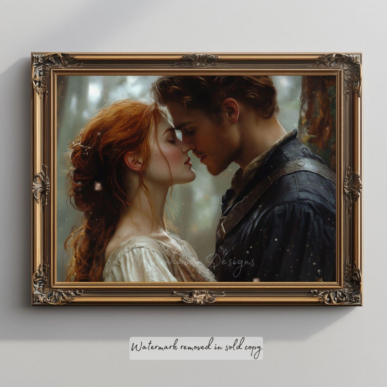 Art print: Romantic medieval painting of a man and woman meeting in the forest, sharing a tender moment together. The man has a small smirk as he is prepares to kiss the one he loves.
