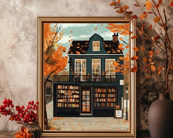 Enchanting Fall Bookshop Print | Autumn Bookish Wall Art | Cozy Fall Reading Nook Decor | Autumn Boho Digital Wall Art Print