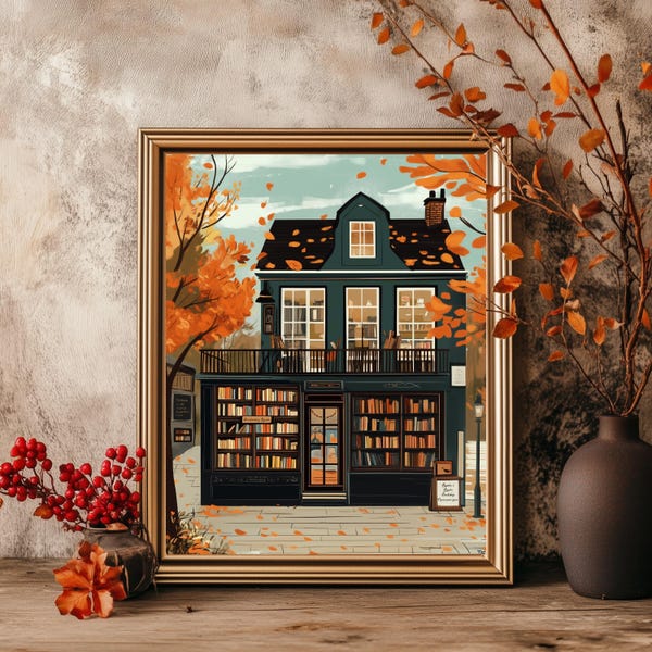 Enchanting Fall Bookshop Print | Autumn Bookish Wall Art | Cozy Fall Reading Nook Decor | Autumn Boho Digital Wall Art Print