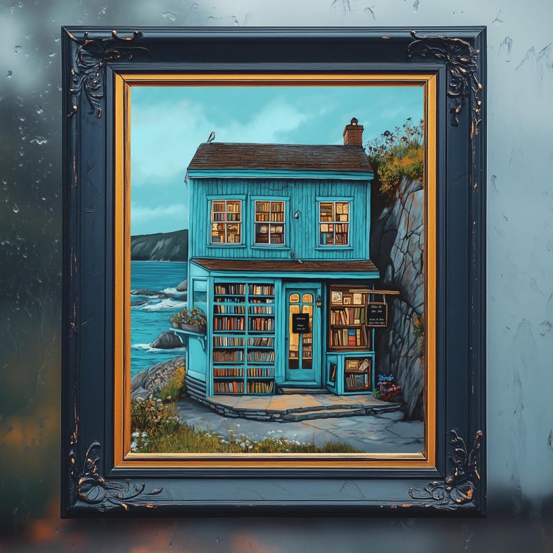 May include: A painting of a blue house with a sign that says "The Book Nook". The house is on a cliff overlooking the sea. There are bookshelves on the outside of the house.