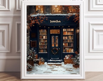 May include: A framed print of a cozy bookstore scene. The shop, with the text "Yuletide Books" above the door, is framed by a white border. The image depicts a snowy street with a wreath on the door and Christmas decorations.