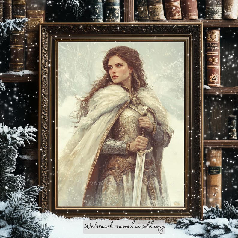 May include: A woman in a white fur-trimmed cloak and silver armor holds a sword in a snowy landscape. The woman has long brown hair and is looking to the side.