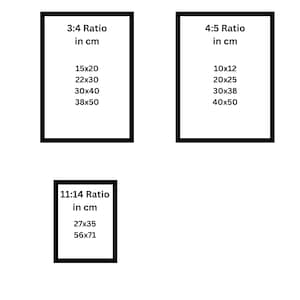 May include: A chart showing different aspect ratios and their corresponding dimensions in centimeters. The ratios are 3:4, 4:5, and 11:14. The dimensions are listed in pairs, such as 15x20, 22x30, 30x40, and 38x50.