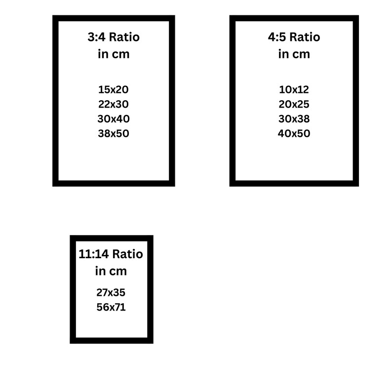 May include: A chart showing different aspect ratios and their corresponding dimensions in centimeters. The ratios are 3:4, 4:5, and 11:14. The dimensions are listed in pairs, such as 15x20, 22x30, 30x40, and 38x50.