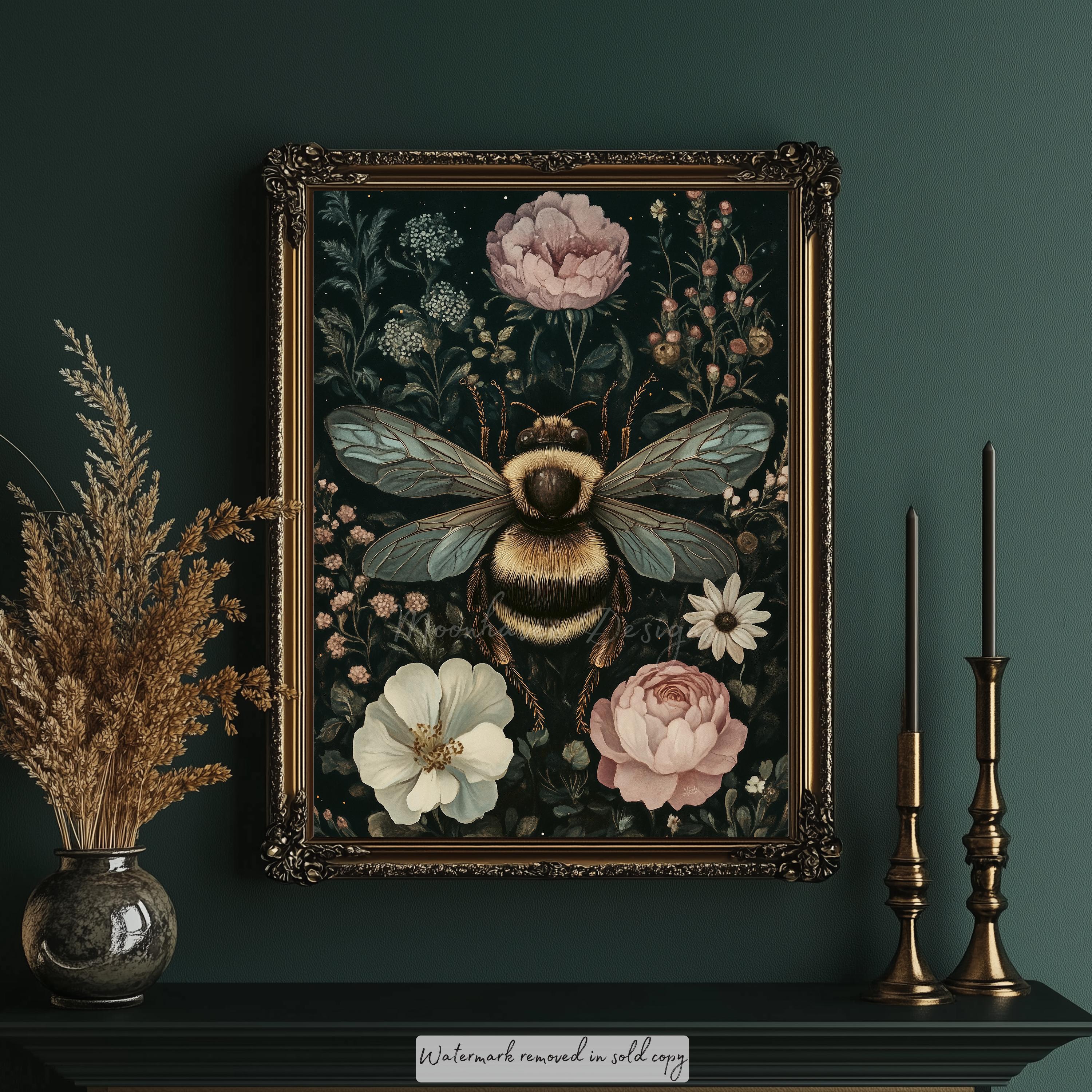 Dark Academia Bumblebee Print | Dark Cottagecore Fantasy Art | Vintage Bee Art | Botanical Floral Bee Print