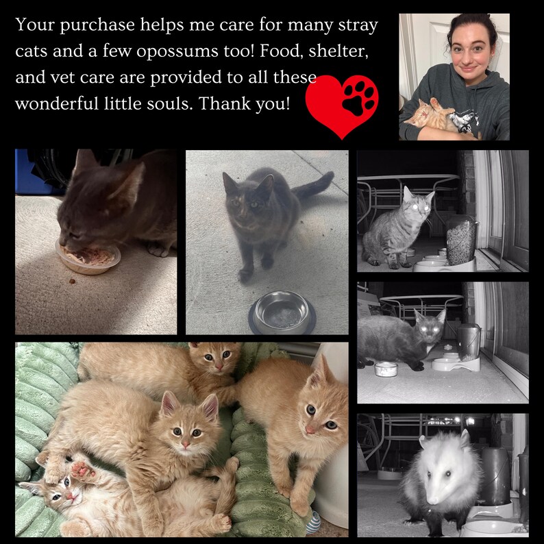 May include: A collage of images featuring cats and an opossum. The text reads: "Your purchase helps me care for many stray cats and a few opossums too! Food, shelter, and vet care are provided to all these wonderful little souls. Thank you!"