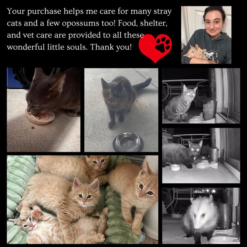 May include: A collage of images featuring cats and an opossum. The text reads, "Your purchase helps me care for many stray cats and a few opossums too! Food, shelter, and vet care are provided to all these wonderful little souls. Thank you!"