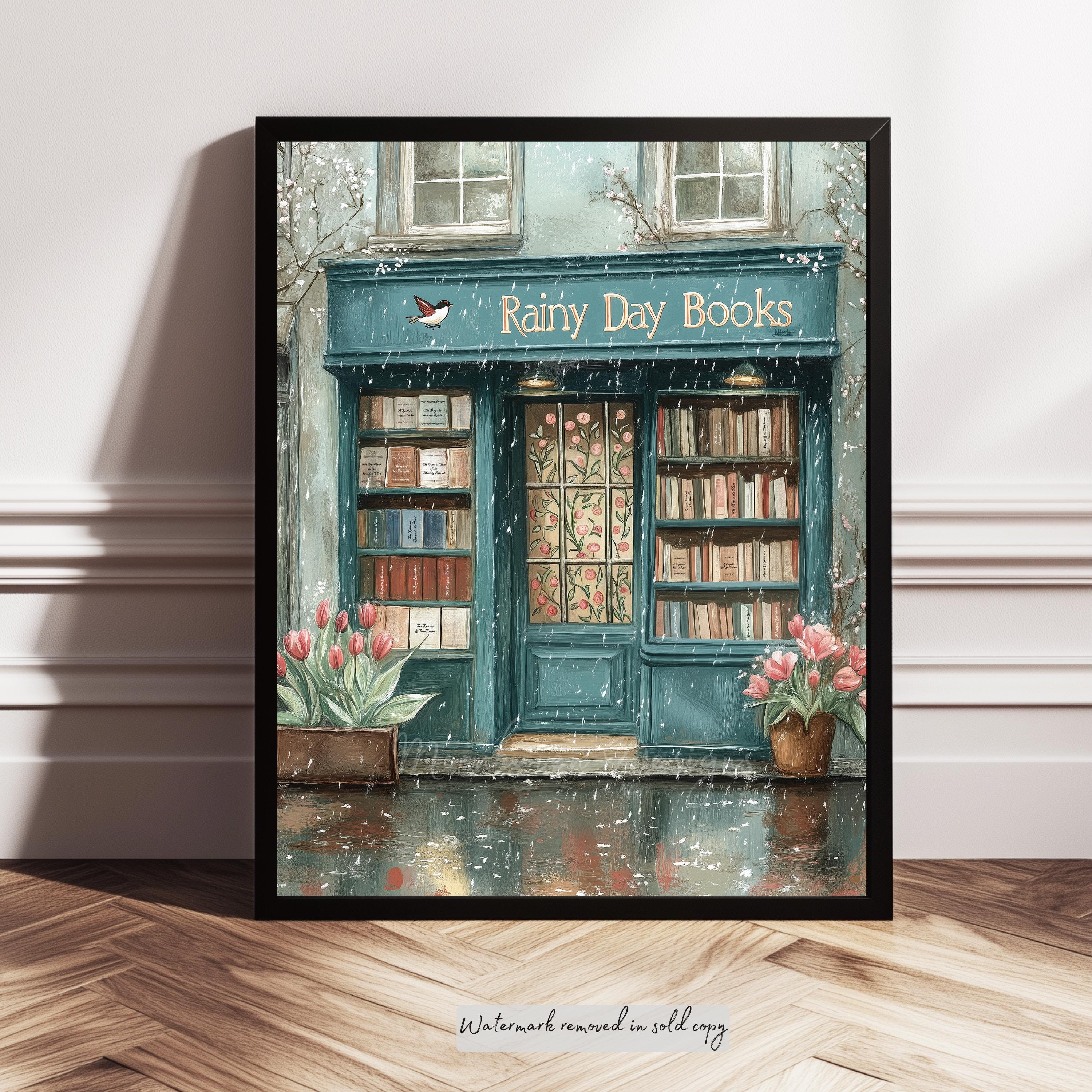 Rainy Day Bookshop Print | Cozy Bookish Art | Gift for Bookworms | Reading Nook Decor | Bookstore Library Wall Decor | Bookshop Wall Art