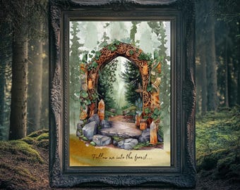 May include: A watercolor painting of a magical forest archway with vines, stones, and candles. The text "Follow me into the forest..." is written below the archway.