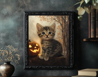 Arte mural de gatitos de Halloween / Decoración otoñal / Calabazas de Halloween / Descarga digital / Regalo para amantes de los gatos