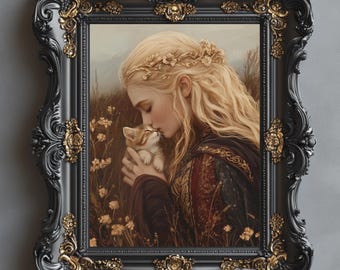 Norse Mythology Art | Viking Goddess Freya | Fantasy Wall Art | Freyja and Kitten Painting