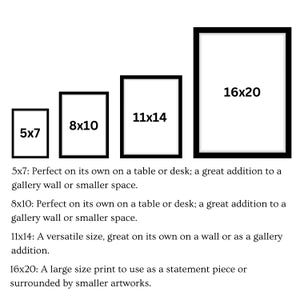 May include: A diagram showing four different sizes of picture frames with their dimensions labeled. The frames are 5x7 inches, 8x10 inches, 11x14 inches, and 16x20 inches.