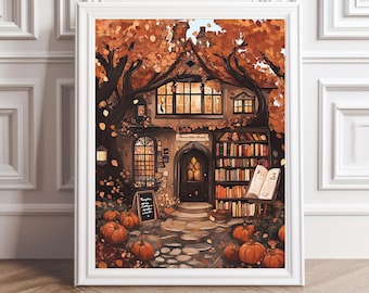 May include: A framed print of a whimsical autumn scene. The artwork depicts a cozy cottage bookstore with pumpkins, trees with orange leaves, and a sign that reads "Pumpkin Spice & Gentle Nights". The text "Physical Shipped Print" is at the bottom.