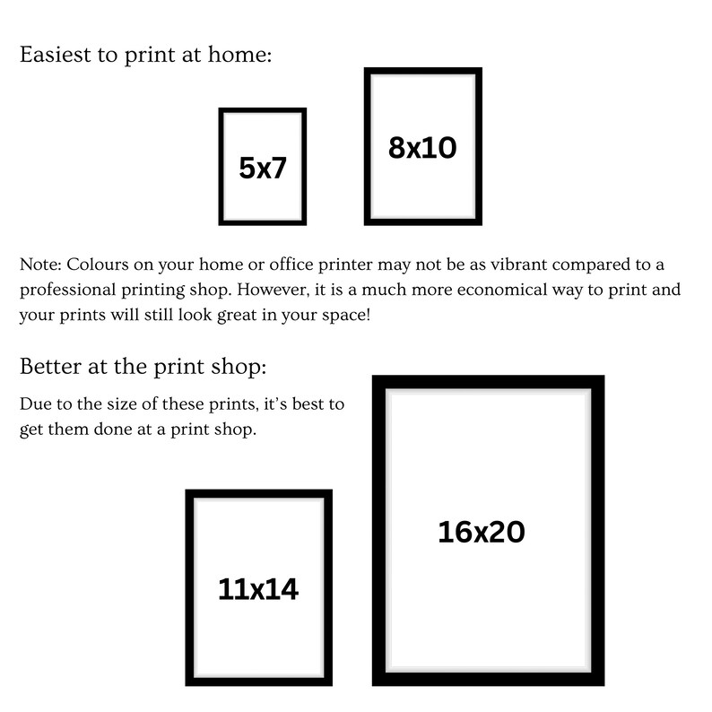 May include: A guide to printing sizes for photos at home and at a print shop. The image shows different sizes of photo frames with the dimensions labeled in inches. The text reads "Easiest to print at home: 5x7, 8x10" and "Better at the print shop: 11x14, 16x20".