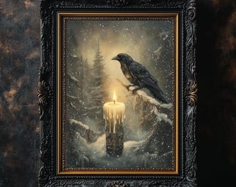 Raven and Candle – Winter Solstice Art Print, Mystical Forest Candlelight Wall Art, Moody Yule Home Decor