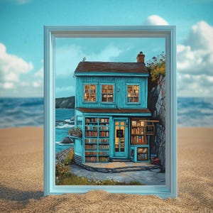 Charming seaside bookshop art print featuring a whimsical blue bookstore nestled along a coastal cliff, overlooking the ocean. This cozy, literary-inspired illustration blends cottagecore, book lover, and coastal aesthetics, making it perfect for beach house, library, and book nook decor. Ideal for bookworms, travel enthusiasts, and those who adore dreamy, storybook settings. A high-quality Etsy digital print that adds a magical, peaceful, and nostalgic touch to any space.