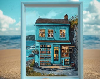 Coastal Bookshop Print | Bookish Wall Art | Reading Nook Print | Digital Download | Oceanside Library Poster