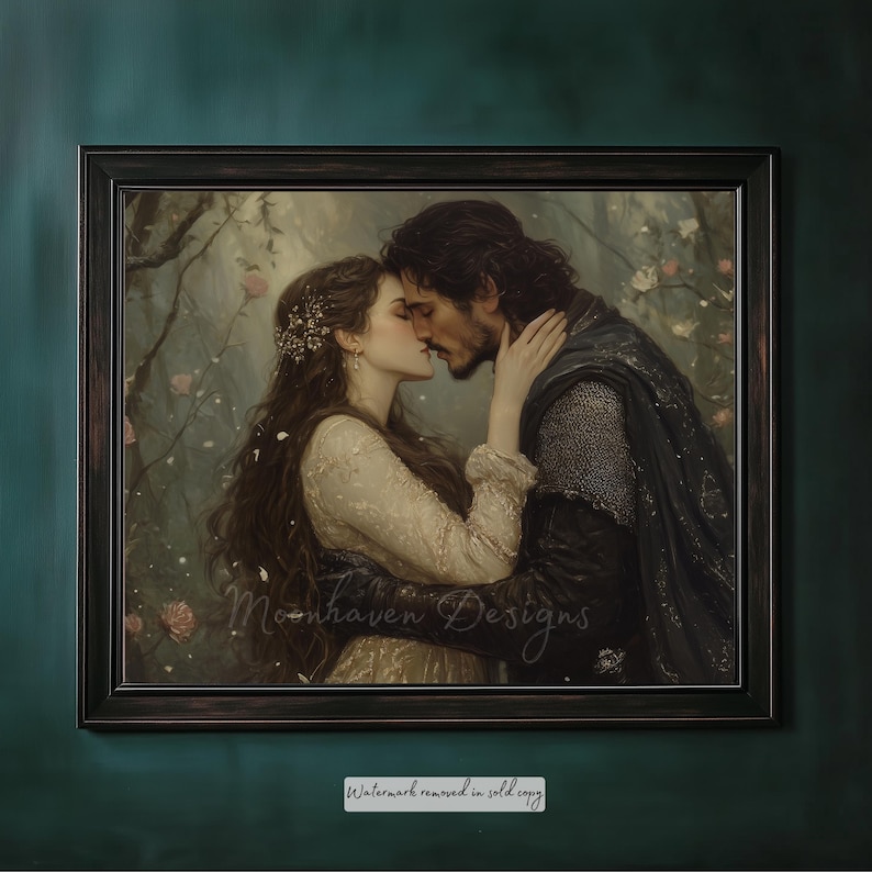 Digital artwork of a romantic medieval couple sharing an intimate kiss in an enchanted forest. The woman wears a flowing ivory gown with floral details, and the man is dressed in dark armor and a cloak. Soft lighting, delicate flowers, and dreamy tones create a magical, fairytale-inspired atmosphere. Perfect for fantasy lovers, romantic wall art decor, or fans of historical and storybook aesthetics.