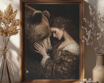 We Choose the Bear | Forest Fantasy Artwork | Woman and Bear | Feminist Wall Art | Antique Style Painting | Printable Wall Art
