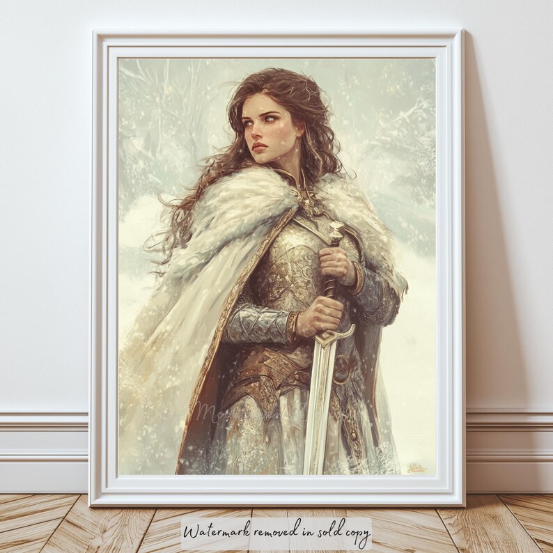 Digital print: A strong female warrior holds her sword with determination as the cold winter wind blows through her hair. She is not bothered by the cold nor the snow around her. She is ready for battle, warmed by the fur cape around her neck that will be released at the minute of the attack. A beautiful piece to add to a reading nook, game room, living room, or bedroom.