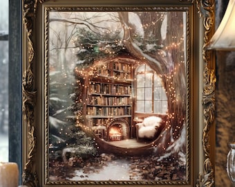 May include: A cozy winter scene with a bookshelf nestled inside a tree trunk. The bookshelf is filled with books and illuminated by warm lights. A fireplace glows in the background, and a comfy armchair sits nearby. The scene is covered in snow and surrounded by trees.