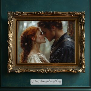 Romantic medieval fantasy art print featuring a passionate moment between a red-haired woman and a rugged warrior in a misty forest. This enchanting historical romance illustration evokes the magic of forbidden love, fairytales, and epic storytelling. Perfect for dark academia, castlecore, and fantasy decor. Ideal for lovers of mythology, Renaissance aesthetics, and dramatic love stories. A high-quality Etsy digital print that adds a dreamy, nostalgic, and ethereal touch to any space.