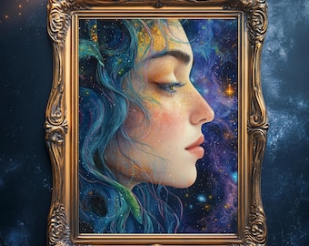 宇宙の女神デジタルプリント：天体銀河の女性の肖像画（即時