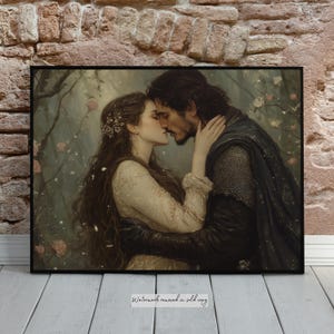 May include: A painting of a couple kissing in a forest setting. The woman is wearing a white dress and the man is wearing a dark cloak. The background is filled with trees and flowers.