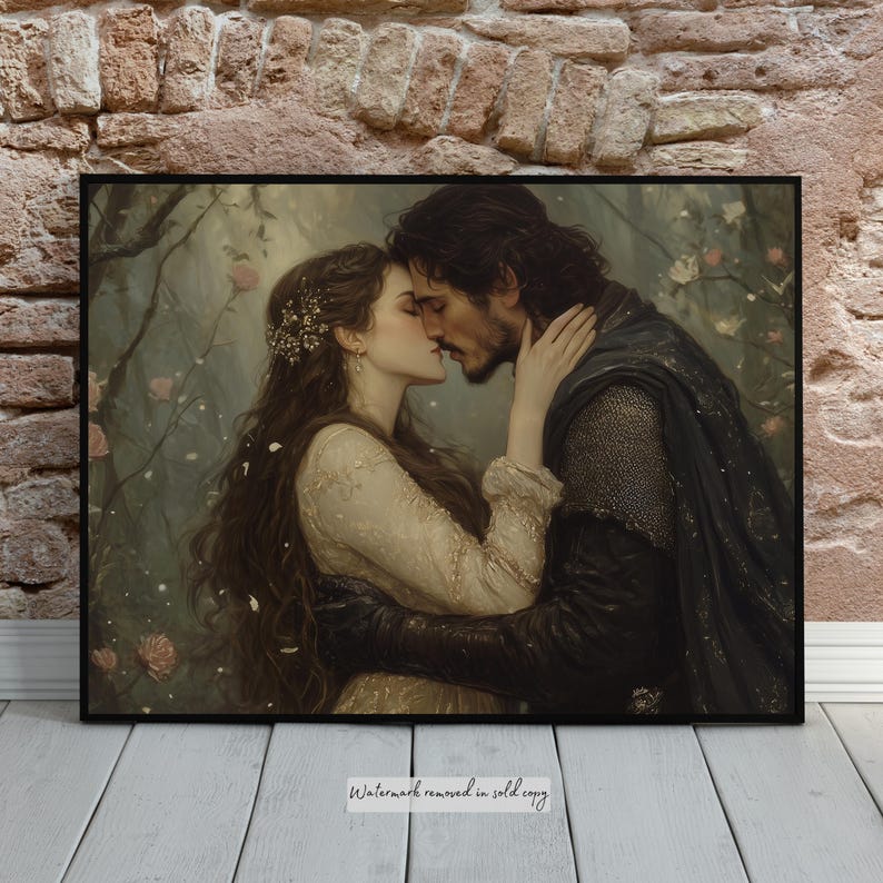 May include: A painting of a couple kissing in a forest setting. The woman is wearing a white dress and the man is wearing a dark cloak. The background is filled with trees and flowers.