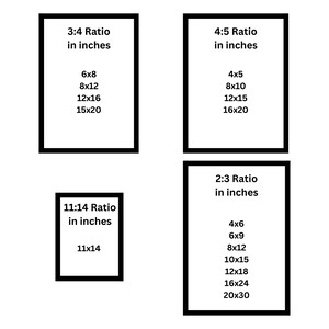 May include: A chart showing different aspect ratios for images, with measurements in inches. The ratios are 3:4, 4:5, 2:3, and 11:14.
