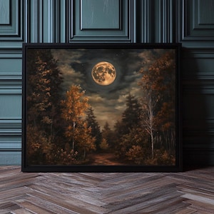 秋の森の絵画 | 天体満月の壁アート | ダークコテージコア装飾 | デジタルダウンロード | 秋の印刷可能なアート | 8x10 11x14