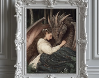 Impresión digital de dragón de fantasía / Decoración de habitación de alta fantasía / Arte mágico para rincones de lectura / Jinete de dragón medieval