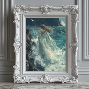 Meer Hexe Dekor | Fantasie druckbare Kunst | Maritime Wandkunst | Poster Meeresgöttin Ethereal Küstenwand Dekor | Meereswellen Gemälde