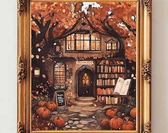 Fantasy Bookshop Art | Bookish Autumn Wall Art | Cozy Library Decor | Fall Digital Download | Pumpkin Wall Art | Cozy Halloween Decor
