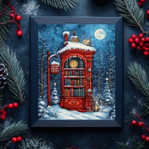 May include: A red wooden bookshelf with a clock face and a sign that reads "Forest Nook Library". The bookshelf is covered in snow and is surrounded by a snowy forest. The moon is visible in the night sky.