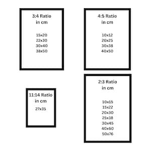 May include: A chart showing different aspect ratios and their corresponding dimensions in centimeters. The ratios are 3:4, 4:5, 11:14, and 2:3.