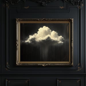 May include: A framed painting of a single, large, white cloud against a dark, stormy sky. The cloud is depicted in a realistic style, with soft, fluffy edges and a sense of depth. The painting is framed in a gold-colored frame with ornate details.