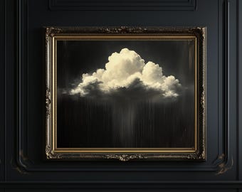 May include: A framed painting of a single, large, white cloud against a dark, stormy sky. The cloud is depicted in a realistic style, with soft, fluffy edges and a sense of depth. The painting is framed in a gold-colored frame with ornate details.