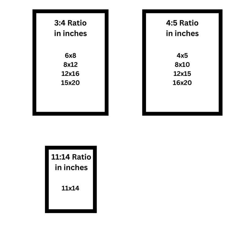 May include: A chart showing different aspect ratios for images, with the dimensions listed in inches. The ratios are 3:4, 4:5, and 11:14.