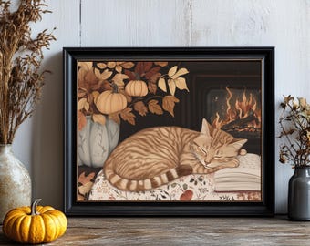 Reading Nook Print | Orange Cat Lovers Gift | Cozy Cat Painting | Printable Cat Art | Ginger Cat Art