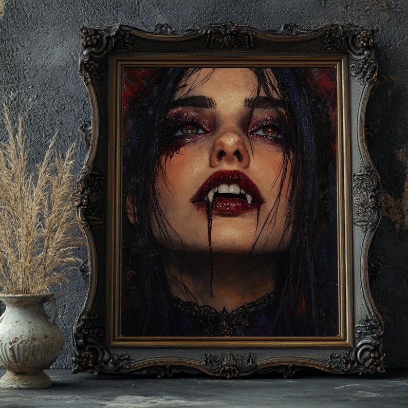 May include: A framed portrait of a woman with dark hair and red lipstick, with fangs and blood dripping from her mouth. The portrait is in a dark ornate frame, with a vase of dried grass in the foreground.