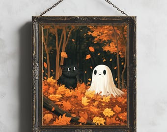 Ghost and Black Cat Art Print | Best Friends Halloween Wall Art ...