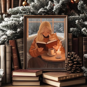 Cozy Winter Reading Print | Cat Lover Digital Art | Reading Nook Decor | Library Poster | Ginger Cat Art